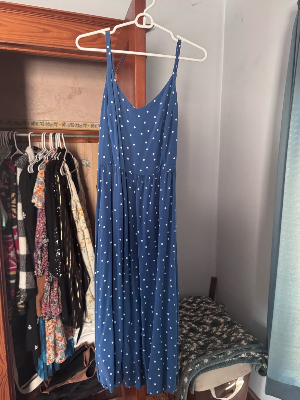 Blue Polka Dot Spaghetti Strap Midi Dress